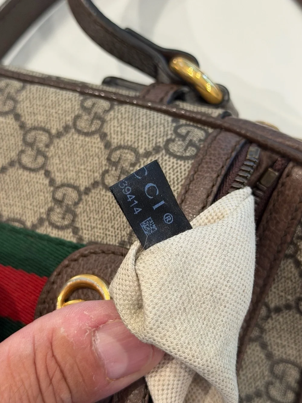 Gucci Beige/Brown GG Supreme Crossbody with Green-Red Web